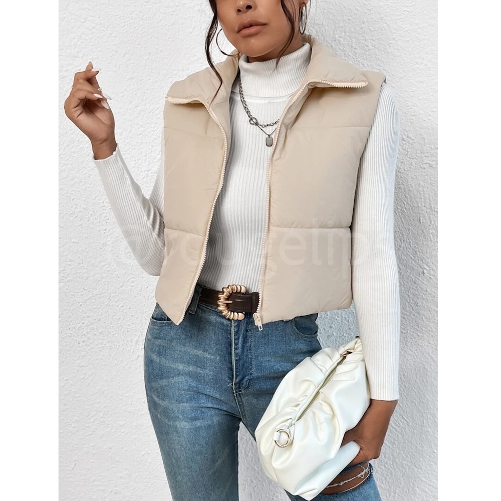 Cropped Beige Puffer Vest Zip Up - Picture 2 of 14